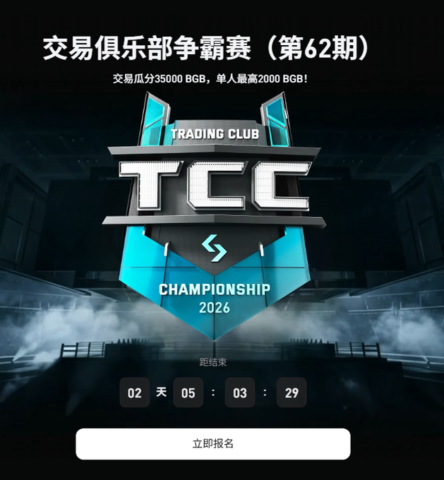 A promotional graphic for '交易俱乐部争霸赛 (第62期)' / 'TRADING CLUB CHAMPIONSHIP 2026' featuring a shield logo and countdown timer showing 02天 05:03:29, with a '立即报名' button at the bottom.