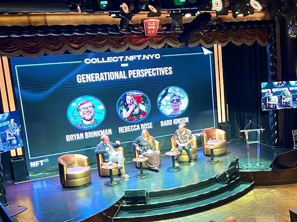 A stage setup at COLLECT_NFT_NYC featuring a 'GENERATIONAL PERSPECTIVES' panel with three speakers identified as Bryan Brinkman, Rebecca Rose, and Bard Ionson displayed on a large screen.