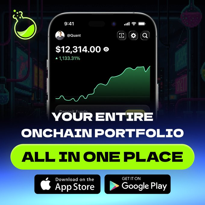 An advertisement for a crypto portfolio app showing a phone screen with $12,314.00 and a 1,133.31% gain, with text 'YOUR ENTIRE ONCHAIN PORTFOLIO ALL IN ONE PLACE' and App Store/Google Play download buttons.