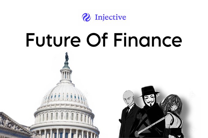 The image features a poster with a cartoon depiction of a man dressed as a man in a suit holding a sword, standing next to a building that has the words "INJ" written above it. The poster also includes text about the future of finance and mentions Bitcoin. In addition to these elements, there is a small image of a woman wearing a black dress with a white skirt.