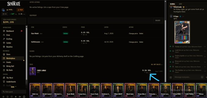 A screenshot of the Syndicate NFT marketplace interface shows the 'Active Listings' tab for the 'Gas Mask' collection, with a price of 0.10 SOL indicated by an arrow, alongside a chat panel and various menu options.