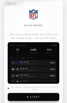 A Blitz sports betting app screen shows an NFL game with an 82-64 record, 72.7% win rate, and the message "Blitz is our in-house model with a 72.7% win rate. It picks for you - you own the wallet." featuring DAL vs WSH, GB vs MIN, and WAS vs PHI matchups.