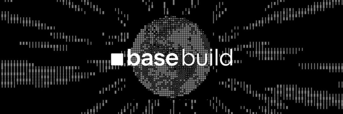 The Coinbase 'base build' logo displayed on a pixelated circular globe against a black background with digital particle effects.