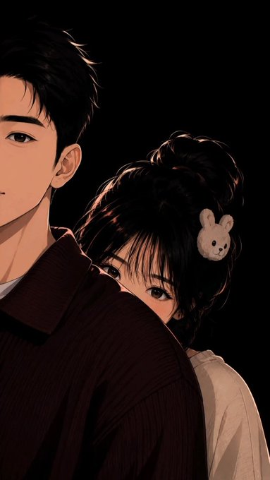 An anime-style illustration of a young man and woman with dark hair, where the woman rests her head against the man's shoulder and wears a small white bunny hair accessory.