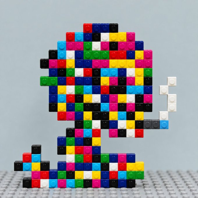 A pixel art-style mosaic created from colorful LEGO bricks depicting a side-profile character with spiky hair, reminiscent of a retro video game sprite.
