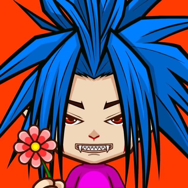 A digital anime-style illustration of a fierce-looking character with spiky blue hair, red eyes, sharp fangs, and a purple top, holding a pink flower against an orange background.