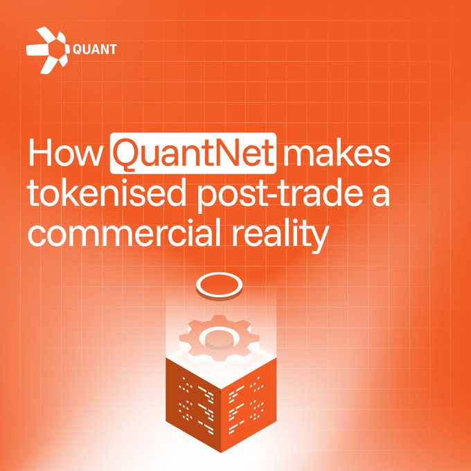 The image is a Quant branded graphic featuring the headline "How QuantNet makes tokenised post-trade a commercial reality" displayed against an orange grid background with an isometric gear icon on a cube, visually representing the article's theme of connecting and coordinating post-trade infrastructure for tokenized assets.
