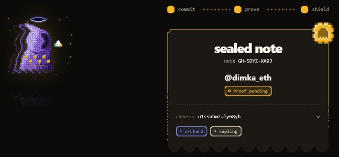 A digital interface shows a 'sealed note' from @dimka_eth with proof pending status, along with tags for 'orchard' and 'sapling' on a dark themed background.