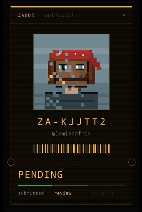 A digital nomination card for Zaddr's whitelist displays a pixel art pirate character with the ID "ZA-KJJT2" and username "@lamisaafrin" in pending status, corresponding to the nomination request praising LamisaAfrin for her consistent support of the project.