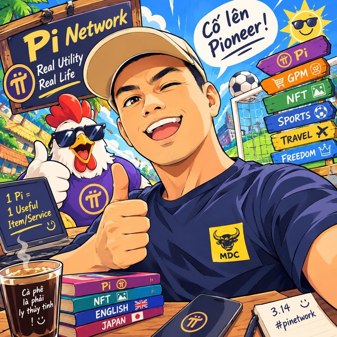 A vibrant cartoon illustration promoting 'Pi Network' with the text 'Real Utility Real Life' and 'Cờ' lên Pioneer!', featuring a smiling man giving a thumbs-up next to a chicken character and various labels like Pi, GPM, NFT, SPORTS, TRAVEL, and FREEDOM.