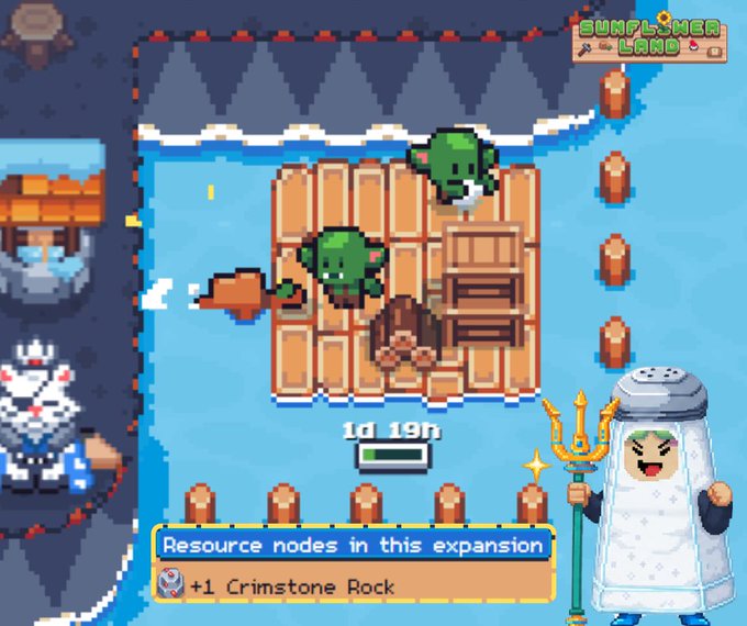 A pixel art screenshot from the game 'Summoner's Land' showing green cactus-like creatures on a wooden raft, a timer reading '1d 19h', and a pop-up indicating '+1 Crimstone Rock' as a resource node.