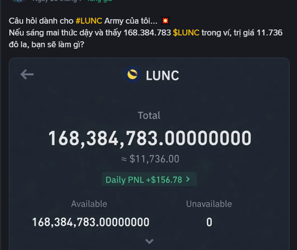 A Vietnamese-language post asks #LUNC Army what they would do if tomorrow they wake up and find 168,384,783 $LUNC worth $11,736, showing a portfolio total of 168,384,783.000000000 LUNC.