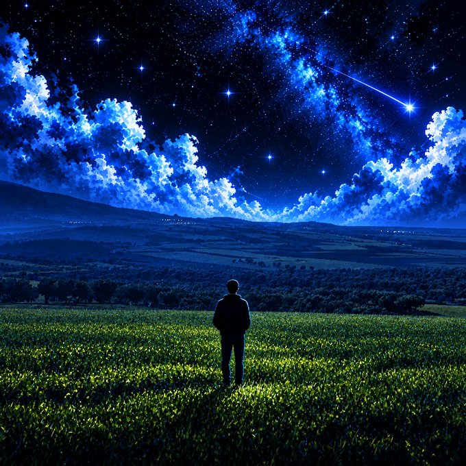 A lone figure stands in a vast green meadow, gazing up at a breathtaking night sky filled with twinkling stars, billowing blue clouds, and a brilliant shooting star streaking across the horizon. The serene, expansive scene evokes a sense of wonder and tranquility, fitting the post's call for engagement, activity, and sharing addresses.