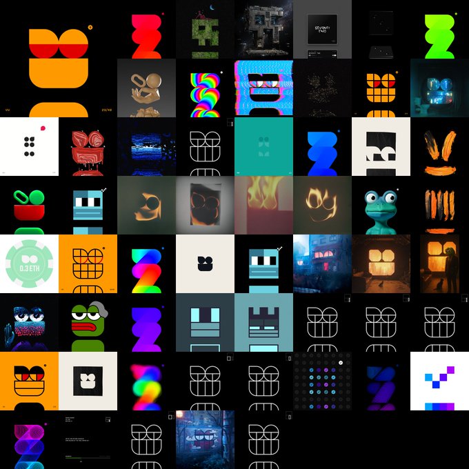 A grid collage displays dozens of digital artworks and NFT-style pieces featuring stylized characters, abstract designs, and bold colors on dark backgrounds.