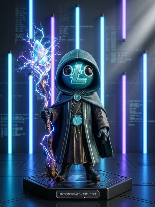 A figurine of a 'LITECOIN WIZARD - ARCHITECT' character with a hooded cloak, large eyes, and an 'L' symbol, holding an electrified staff, displayed on a base against a backdrop of glowing vertical lights.