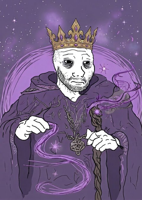 An illustration depicts a melancholic king wearing a golden crown and dark robes, holding a staff, set against a purple starry background.
