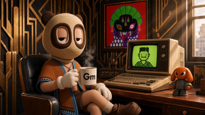 A 3D-rendered panda-like character wearing a sweater, holding a mug with "Gm" on it, sitting at a desk with a retro computer displaying a cartoon figure, with a small dog-like character nearby.