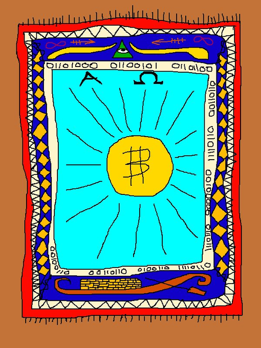 This colorful, symbolic illustration depicts a sun with a Bitcoin symbol ($) at its center, surrounded by binary code and astrological symbols. The image also includes the Greek letters Alpha (A) and Omega (Ω).