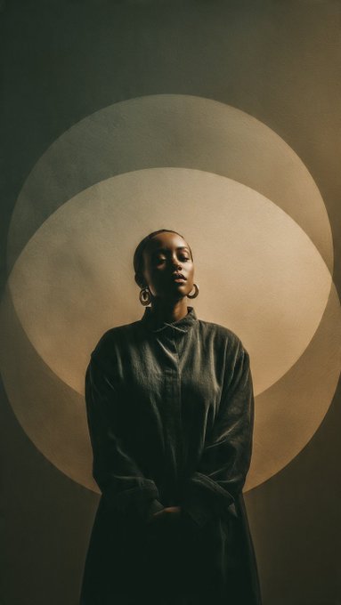 An artistic portrait of a woman in a dark shirt standing against a backdrop of layered illuminated circles in warm beige tones.