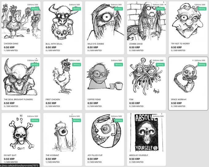 A grid of black-and-white pixel art NFT trading cards, each priced at 0.50 XRP, featuring creatures with names like 'CHICKEN GANG' and 'BULL WITH SKULL'.