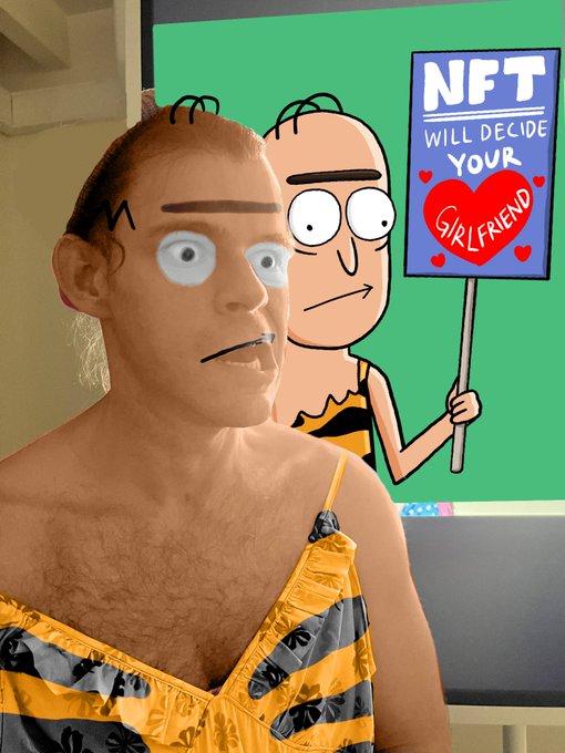 A surreal image showing a person in a yellow floral dress with cartoon eyes and eyebrows drawn on their face, standing in front of a green screen displaying an animated figure holding a sign that reads "NFT WILL DECIDE YOUR GIRLFRIEND."