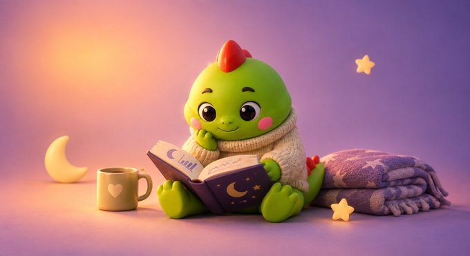 A cute 3D-rendered green dinosaur wearing a cozy sweater reads a book with a moon on the cover, sitting next to a mug and a star-patterned blanket in a purple-lit room.