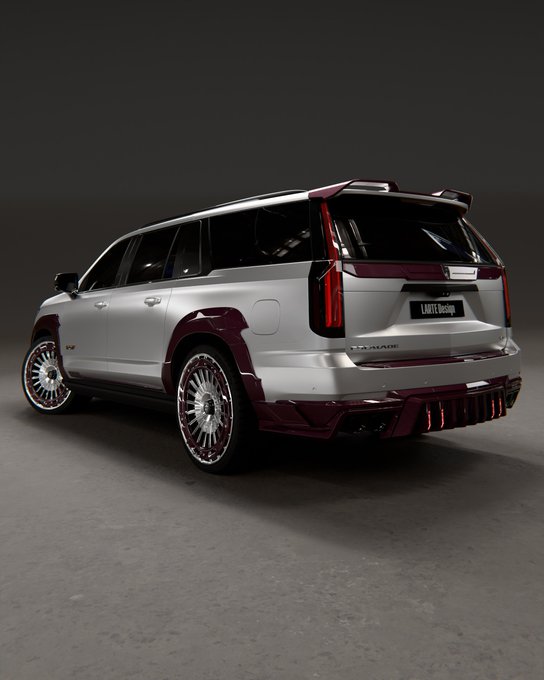 A silver Cadillac Escalade SUV with maroon/burgundy accents on the fenders, roof, and rear diffuser, shown from a rear three-quarter angle with a license plate reading 'LANTZ Bros'.
