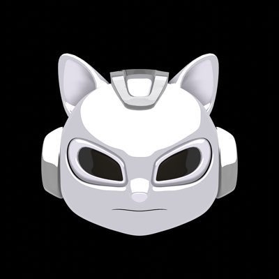 A 3D rendering of a white robotic helmet with cat-like ears and large dark eyes on a black background.