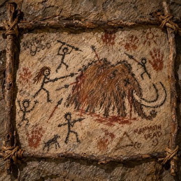A prehistoric-style cave painting of a woolly mammoth surrounded by stick-figure hunters, handprints, and the label 'MAMMOTH DEAD'.