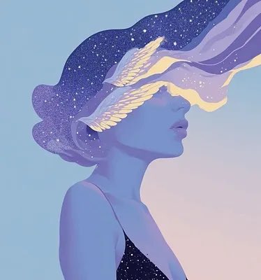 The image features a woman with long hair, wearing a black dress, and her hair styled into an angelic or angelic-like appearance. The background of the image is blue, which complements the purple elements in the woman's hair. The caption below the image reads "Collected. away" by @arminamofasser on @objktcom".