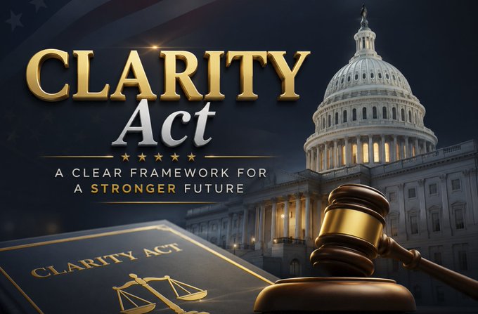 The image features a promotional graphic for the "CLARITY Act" with the tagline "A Clear Framework for a Stronger Future," set against a backdrop of the U.S. Capitol building, a gavel, and a document bearing the act's name. This visually reinforces the post's message about Injective's proactive positioning for U.S. crypto regulatory clarity, highlighting its U.S. headquarters, SEC transfer agent registration, and ETF filings as early moves aligned with the impending legislation.