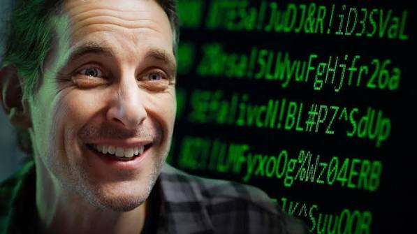 A smiling man, identified as a famous white hat hacker, is shown next to green digital code displaying strings like 'NTE5a!JuDJ&R!iD3SVal' and 'KZ!IUMFyxoOg%Wz04ERB', illustrating the recovery of lost Bitcoin.