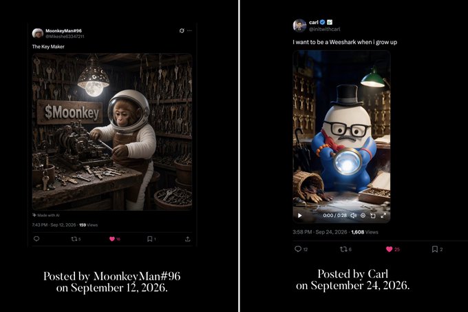 The image shows two social media posts side by side, both featuring AI-generated artwork with cryptocurrency themes. The left post by MoonkeyMan#96 from September 12, 2026, is titled "The Key Maker" and shows an astronaut-like figure working on a workbench with "$Moonkey" displayed. The right post by Carl (@itswithcarl) from September 24, 2026, titled "I want to be a Weeshark when I grow up," depicts a shark character wearing glasses and a top hat holding a magnifying glass, fitting the "OSITO POSTED NEW THESIS" context as both appear to be community art pieces shared alongside a new project announcement.