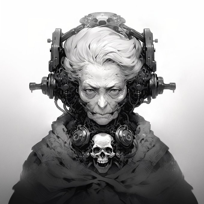 A black and white digital illustration of a stern elderly woman with swept-back hair, wearing elaborate mechanical headgear and a skull mounted on her chest, dressed in tattered dark fabric.