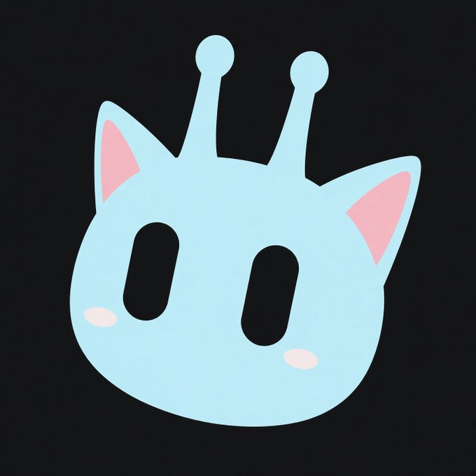 A simple cartoon illustration of a light blue cat-like face with two antennae on a black background.