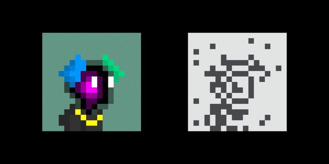 Pixel art comparison showing a colorful character portrait with blue, purple, and green hair alongside its black and white binary/template version.