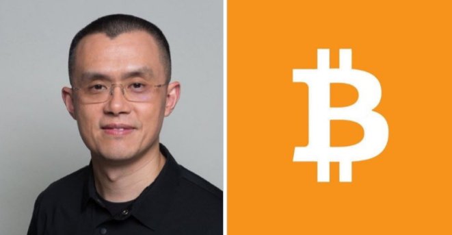 A man with short hair and glasses wearing a black shirt poses next to an orange panel displaying the white Bitcoin "₿" symbol, visually representing the post's message about cryptocurrency and financial freedom from Binance founder Changpeng Zhao (CZ).