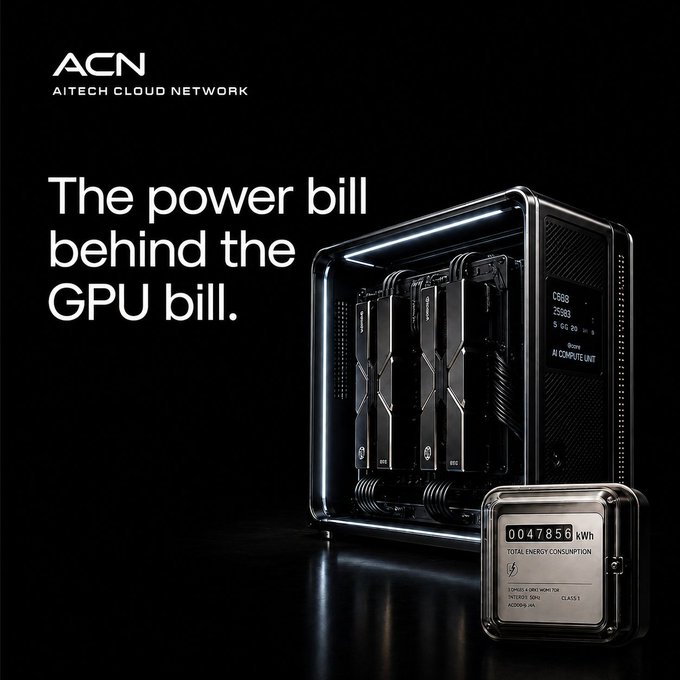 A sleek advertisement from AITECH CLOUD NETWORK (ACN) showing a black GPU server rack alongside a digital meter reading "0047856 kWh" with the headline "The power bill behind the GPU bill," visually emphasizing the hidden electricity costs that accompany GPU infrastructure expenses.