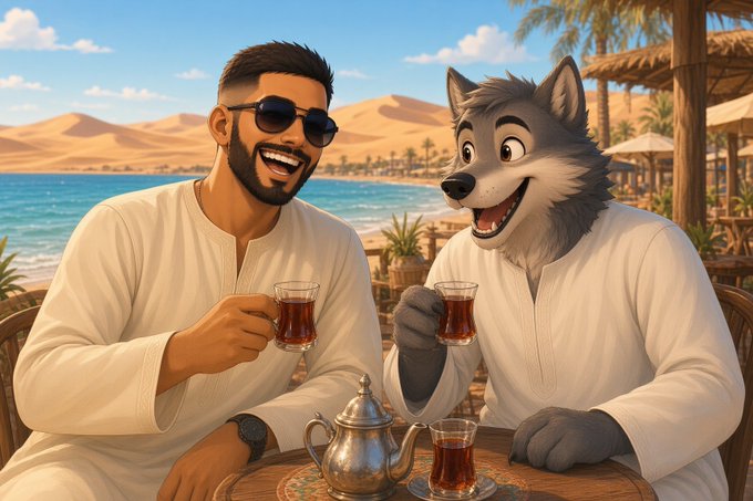 An illustrated scene shows a man with sunglasses and an anthropomorphic wolf, both wearing white robes, sharing tea at a beachside café with sand dunes in the distance.