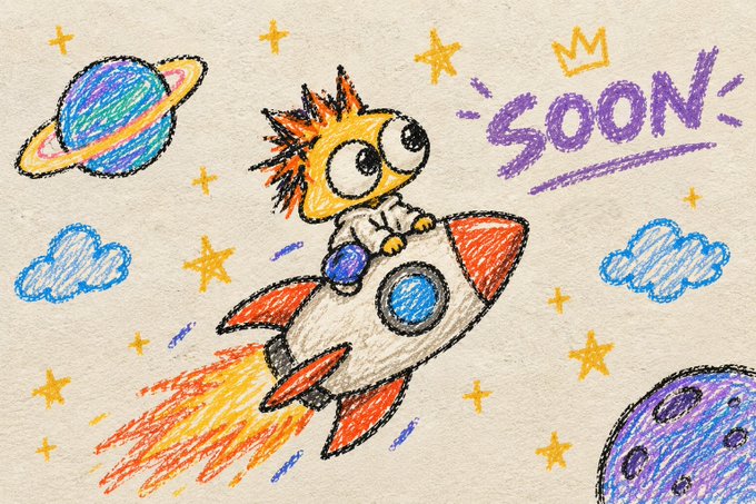 A crayon-style drawing shows a cartoon fox-like creature riding a rocket ship through a colorful space scene with planets, stars, and clouds, with the word "SOON" written in purple. The whimsical artwork, labeled "SOON," visually teases the upcoming free mint for 5,555 NFTs on Robinhood that the post announces.