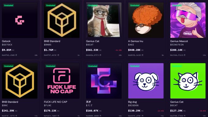 A cryptocurrency trading interface displaying various tokens marked as 'Graduated' including Gatstock ($GSTOCK), BNB Standard ($BNB), Genius Cat ($GCAT), A Genius Inu ($4GI), and Genius Mascot ($EINSTEIN), with the 'FUCK LIFE NO CAP' ($FLNC) token visible in the second row.