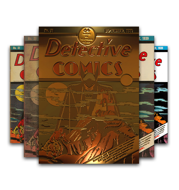 A display of multiple Detective Comics (DC) #31 issues from 1939, featuring Batman-themed covers rendered in a metallic bronze/gold finish, including the iconic first appearance of Batman.