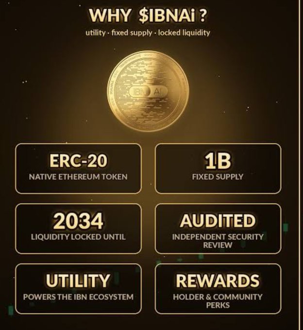 A promotional infographic for the $IBNAI cryptocurrency, highlighting features like 'ERC-20 Native Ethereum Token,' '1B Fixed Supply,' and 'Liquidity Locked Until 2034.' The design features a gold coin and a dark background with gold text.
