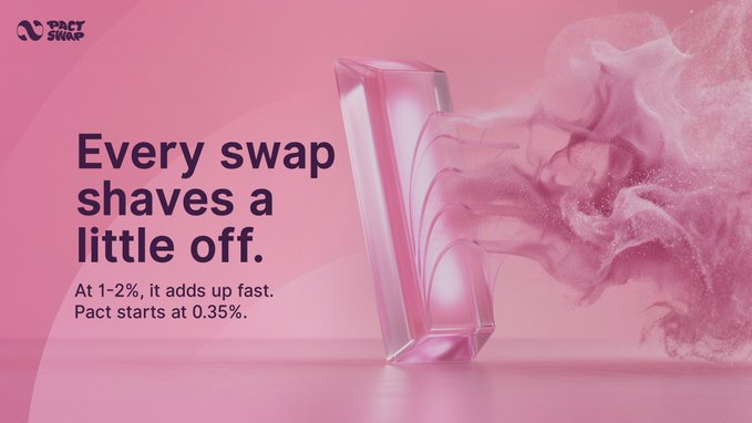A pink-themed advertisement for 'Pact Swap' with text 'Every swap shaves a little off. At 1-2%, it adds up fast. Pact starts at 0.35%' showing a razor blade with pink mist.