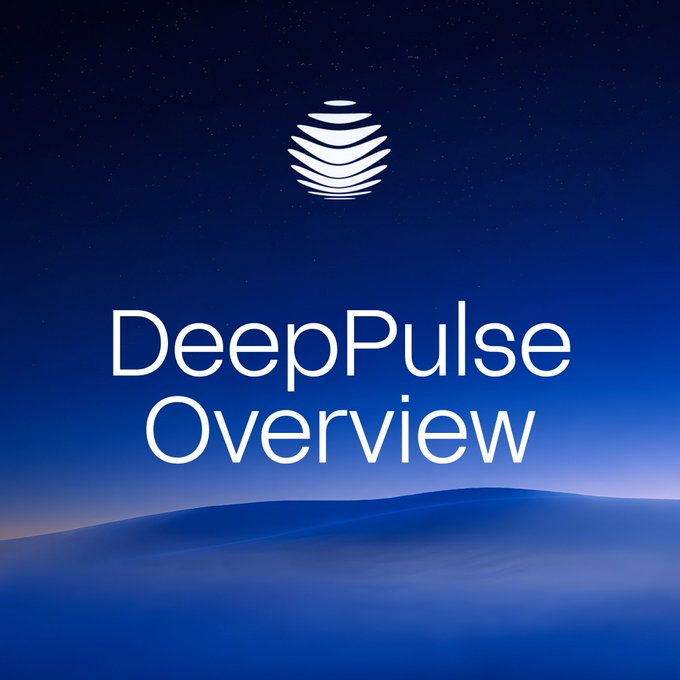 The image features a blue sky with white stars against a dark background. The title of the image reads "DeepPulse Overview" written in white text at the bottom, and an image of a mountain range can be seen above the words. The image also includes a caption that says "We've been building something on @SuiNetwork".