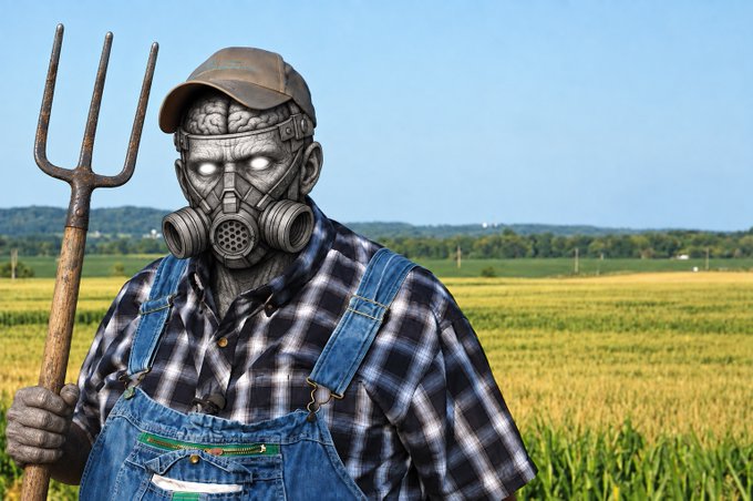 A menacing grey-skinned zombie-like farmer wearing a plaid shirt, denim overalls, a baseball cap, and a gas mask, holding a pitchfork in a field.