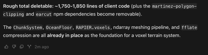 A screenshot of a social media comment describing code refactoring progress, noting "Rough total deletable: ~1,750-1,850 lines of client code (plus the martinez-polygon-clipping and earcut npm dependencies become removable)" and mentioning that ChunkSystem, OceanFloor, RAPIER.voxels, ndarray meshing pipeline, and fflate compression are already in place as the foundation for a voxel terrain system. The comment quantifies the ~1,750 line code reduction referenced in the post about digging down in the street.