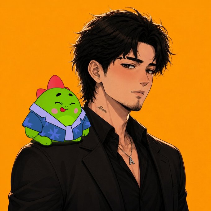 A stylish dark-haired man in a black blazer and "Home" neck tattoo poses against an orange background, with a small green dragon-like Sleepagotchi character wearing a blue scarf perched on his shoulder. The image ties into the post by personifying a sleep-tracking crypto user, with the cute digital collectible representing the gamified rewards earned through consistent rest.