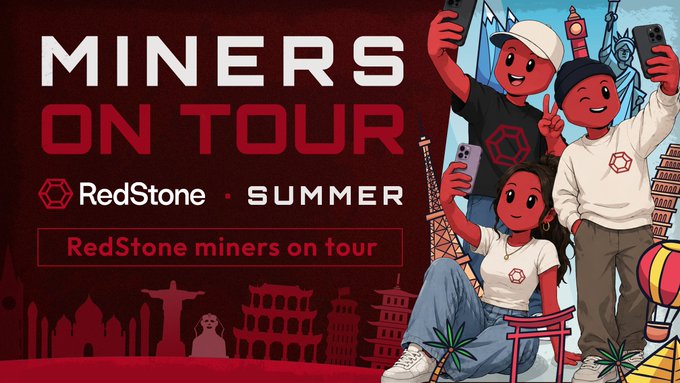 A promotional banner titled 'MINERS ON TOUR' featuring RedStone and Summer, with cartoon characters taking selfies and a backdrop of global landmarks.