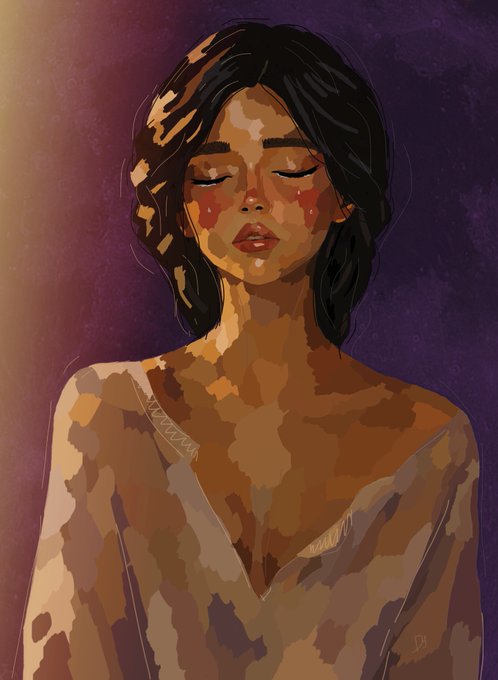 A stylized digital painting of a woman with dark hair and closed eyes, wearing a draped off-shoulder garment, illuminated by warm light against a deep purple background.